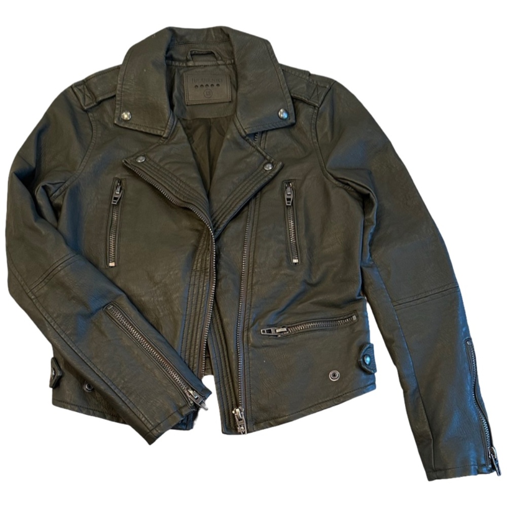 BLANK NYC Faux Leather Moto Jacket - Dark Green/Charcoal Grey color